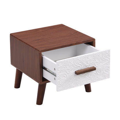 Square End Table Side Table with 1 Drawer Adorned with Embossed Patterns,15”Tall Wood Legs and Handles for Living Room(Brown)
