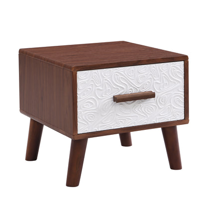 Square End Table Side Table with 1 Drawer Adorned with Embossed Patterns,15”Tall Wood Legs and Handles for Living Room(Brown)