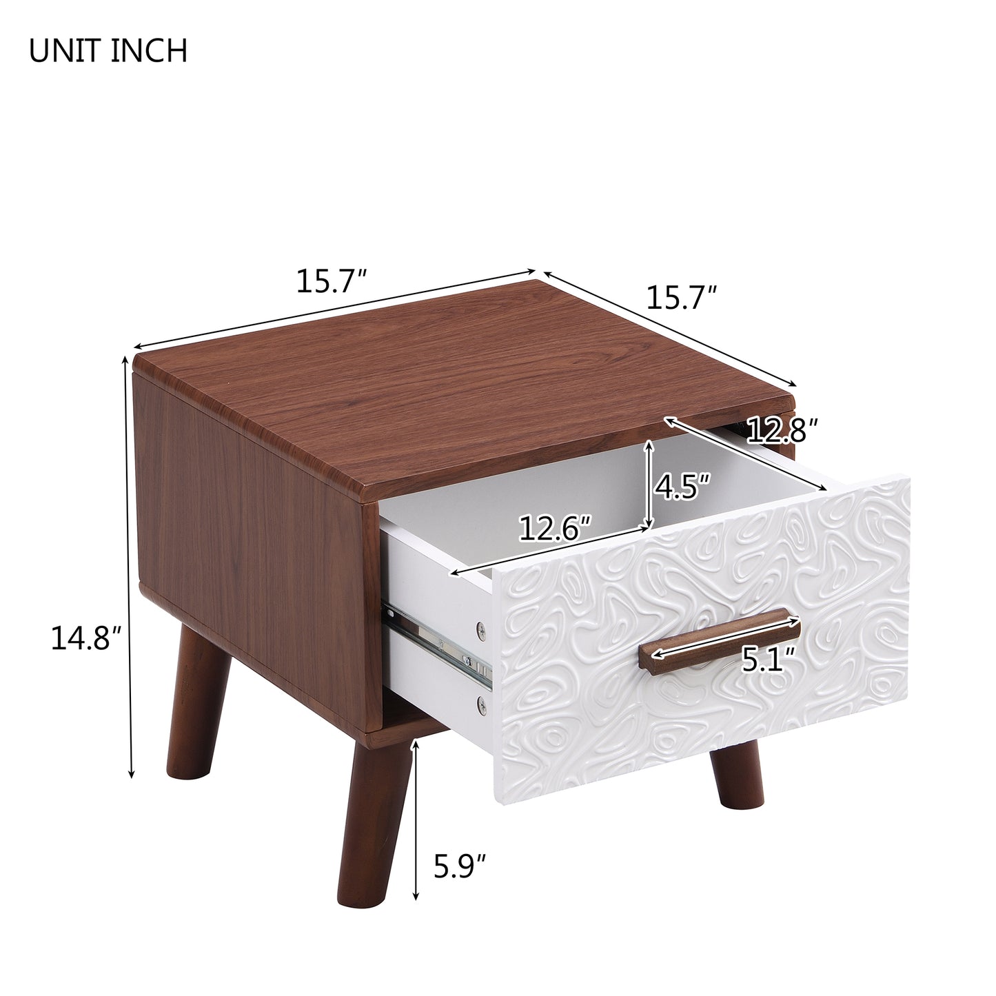 Square End Table Side Table with 1 Drawer Adorned with Embossed Patterns,15”Tall Wood Legs and Handles for Living Room(Brown)