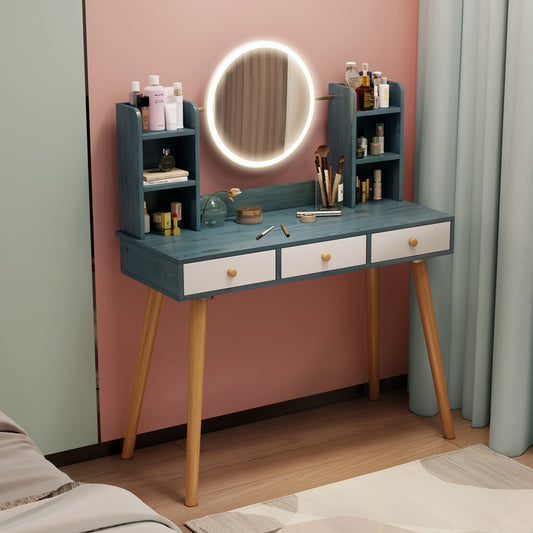 Fashion Vanity Desk with Mirror and Lights for Makeup,Vanity Mirror with Lights with 3 Color Lighting Brightness Adjustable,3 Drawers,Blue Color 