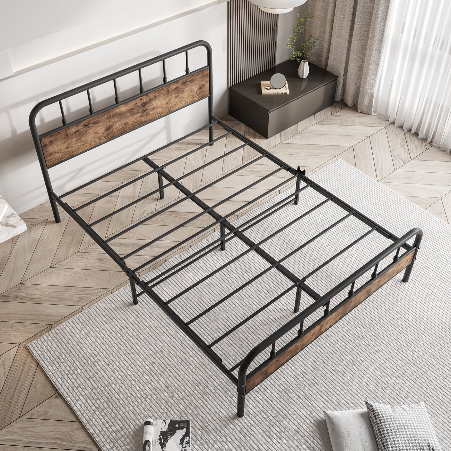 Queen Size Bed Frames with Wood Headboard and Footboard Vintage Brown,60in width