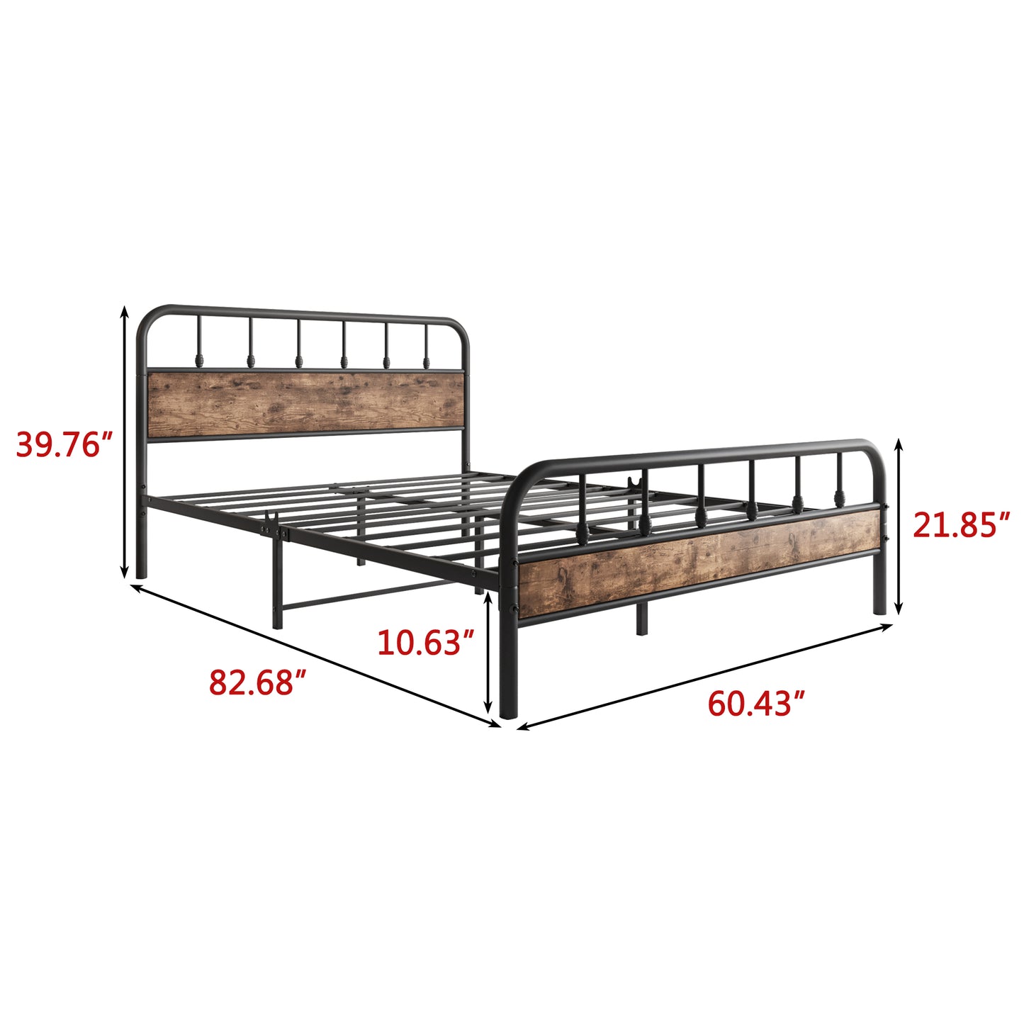 Queen Size Bed Frames with Wood Headboard and Footboard Vintage Brown,60in width