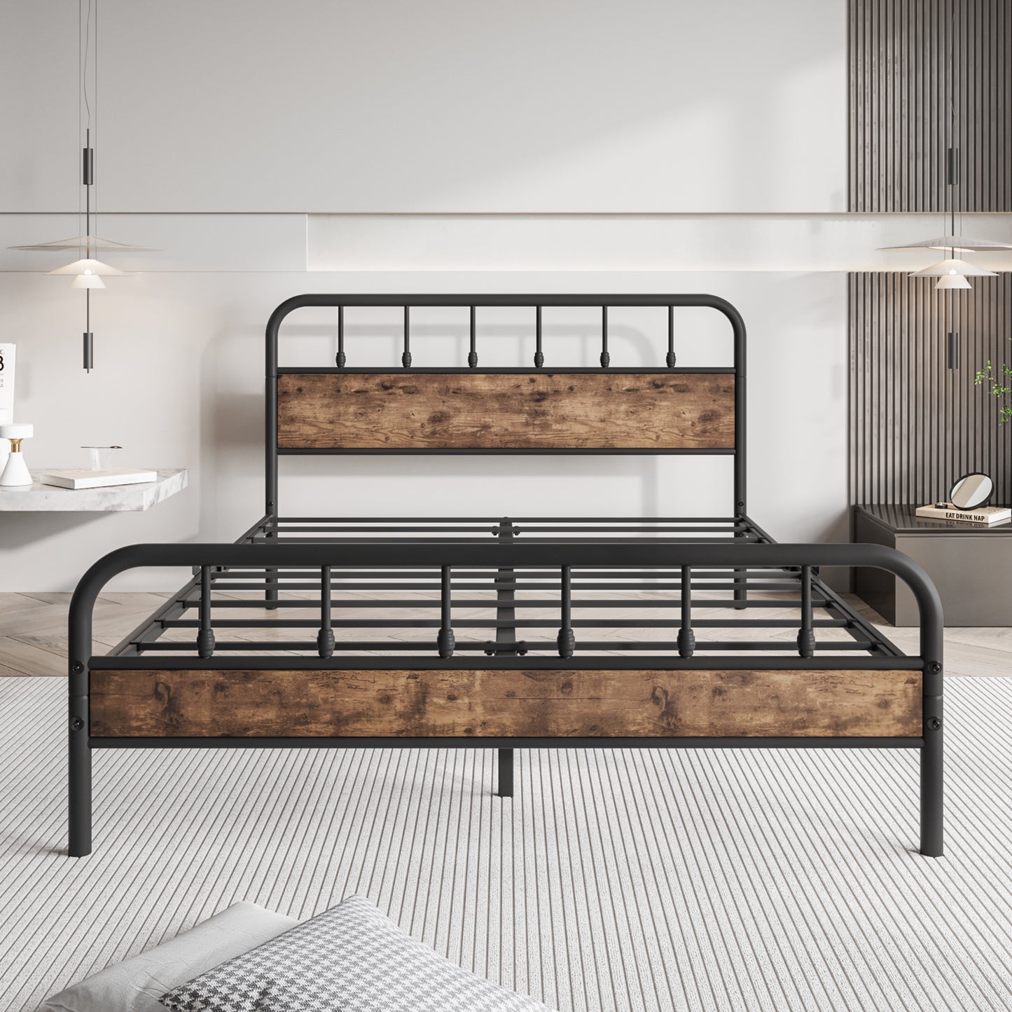 Queen Size Bed Frames with Wood Headboard and Footboard Vintage Brown,60in width