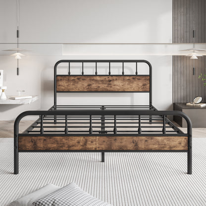 Queen Size Bed Frames with Wood Headboard and Footboard Vintage Brown,60in width