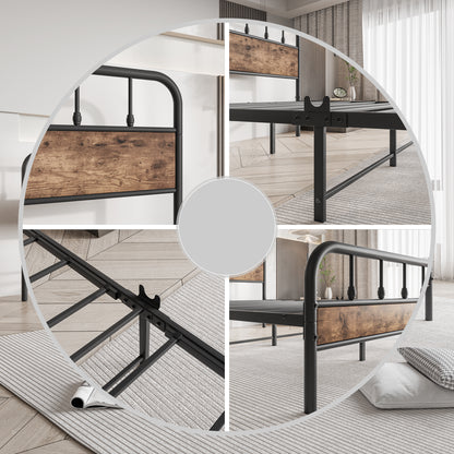 Queen Size Bed Frames with Wood Headboard and Footboard Vintage Brown,60in width