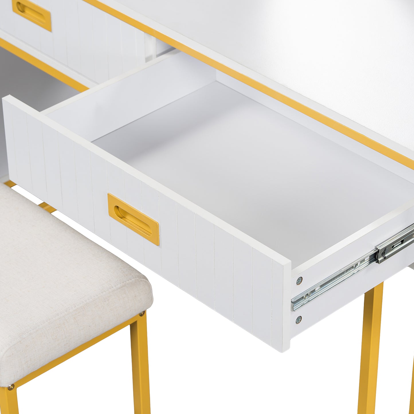 Modern Style Vanity Table with Movable Side Cabinet and 4-Drawers,Large Size Dressing Table with Mirror and 3-colors LED Light,Makeup Table with Stool,White,Golden Legs