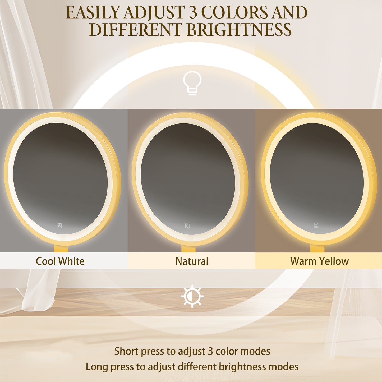 Modern Style Vanity Table with Movable Side Cabinet and 4-Drawers,Large Size Dressing Table with Mirror and 3-colors LED Light,Makeup Table with Stool,White,Golden Legs