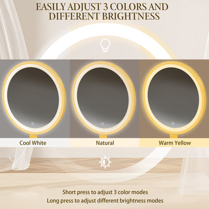 Modern Style Vanity Table with Movable Side Cabinet and 4-Drawers,Large Size Dressing Table with Mirror and 3-colors LED Light,Makeup Table with Stool,White,Golden Legs