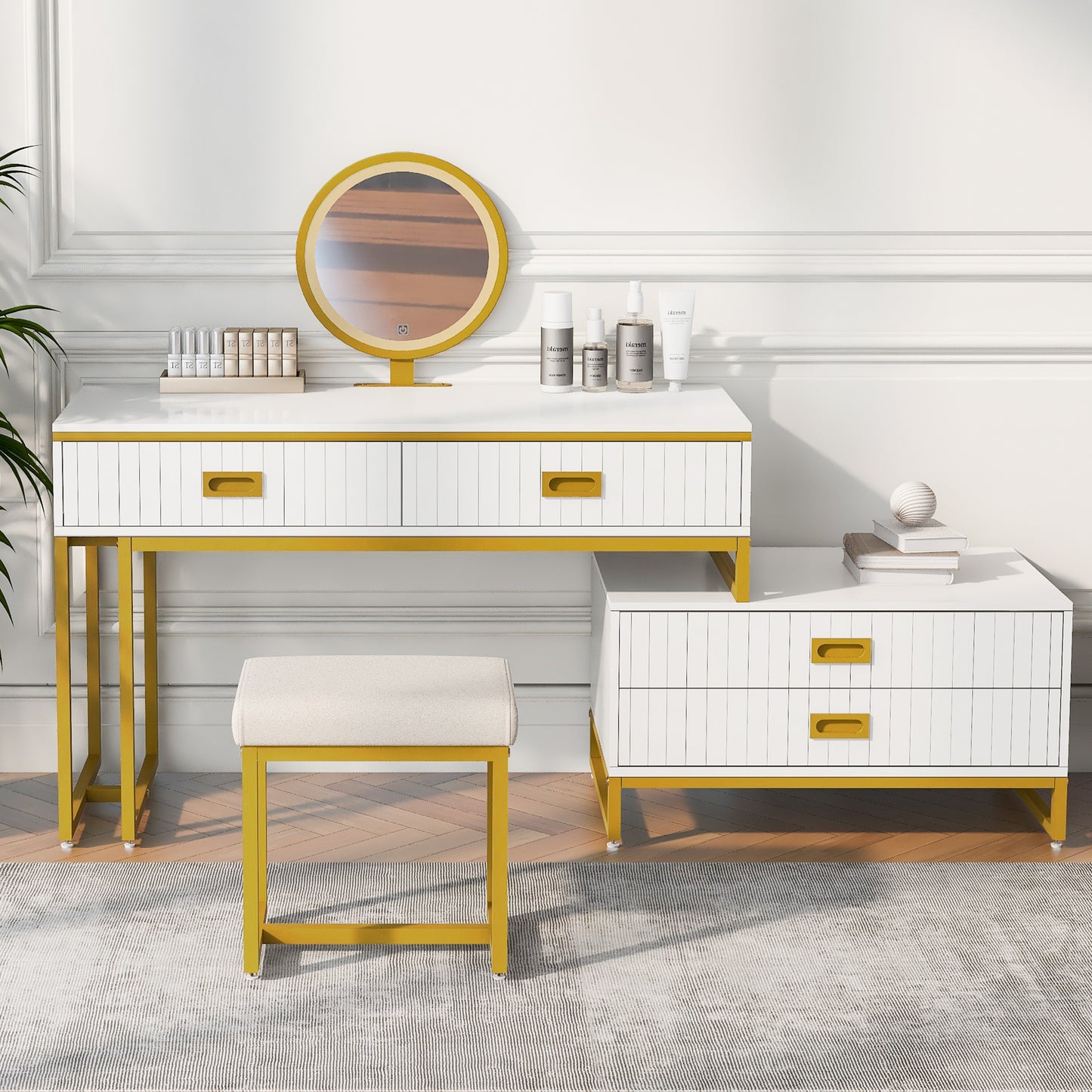 Modern Style Vanity Table with Movable Side Cabinet and 4-Drawers,Large Size Dressing Table with Mirror and 3-colors LED Light,Makeup Table with Stool,White,Golden Legs