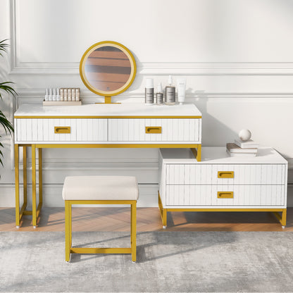 Modern Style Vanity Table with Movable Side Cabinet and 4-Drawers,Large Size Dressing Table with Mirror and 3-colors LED Light,Makeup Table with Stool,White,Golden Legs