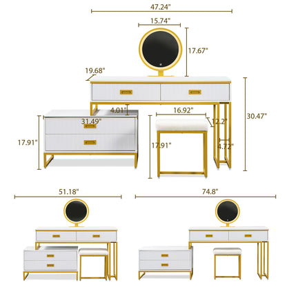 Modern Style Vanity Table with Movable Side Cabinet and 4-Drawers,Large Size Dressing Table with Mirror and 3-colors LED Light,Makeup Table with Stool,White,Golden Legs