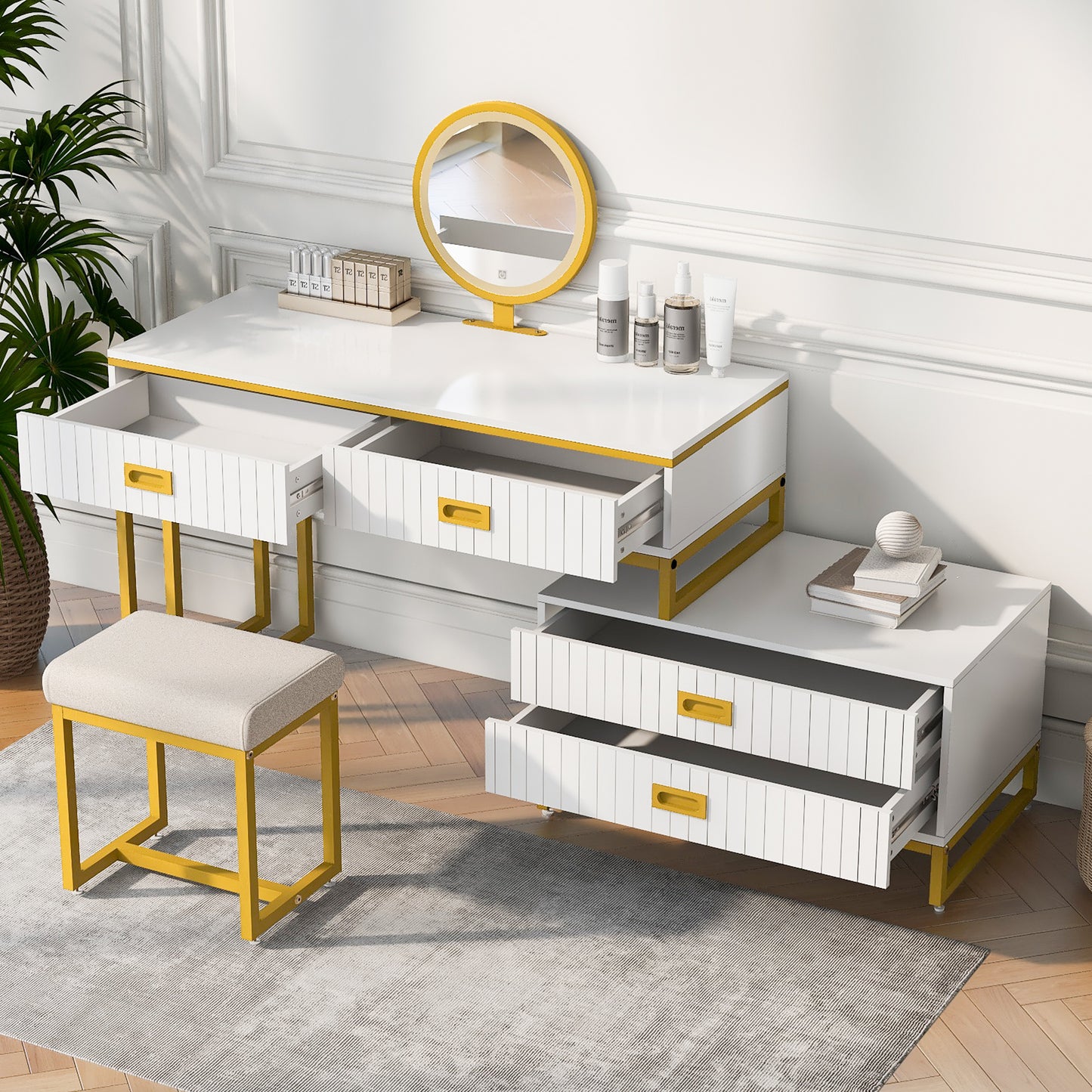 Modern Style Vanity Table with Movable Side Cabinet and 4-Drawers,Large Size Dressing Table with Mirror and 3-colors LED Light,Makeup Table with Stool,White,Golden Legs