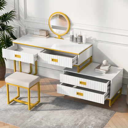 Modern Style Vanity Table with Movable Side Cabinet and 4-Drawers,Large Size Dressing Table with Mirror and 3-colors LED Light,Makeup Table with Stool,White,Golden Legs