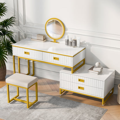 Modern Style Vanity Table with Movable Side Cabinet and 4-Drawers,Large Size Dressing Table with Mirror and 3-colors LED Light,Makeup Table with Stool,White,Golden Legs