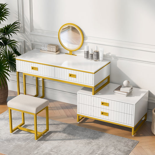Modern Style Vanity Table with Movable Side Cabinet and 4-Drawers,Large Size Dressing Table with Mirror and 3-colors LED Light,Makeup Table with Stool,White,Golden Legs