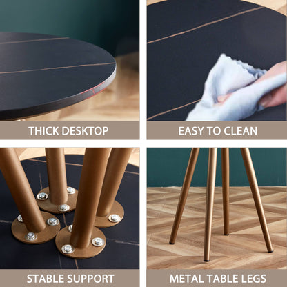 Modern Black Faux Marble End&Side Table,Small Accent Coffee Table with Black Metal Legs,Round Nightstand for Living Room,Bedroom,Apartment Small Space