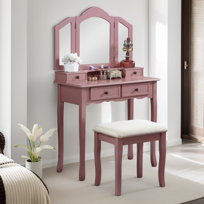 Wooden Vanity Make Up Table and Stool Set, Dresser with Mirror Stool Storage Box,Rose Gold