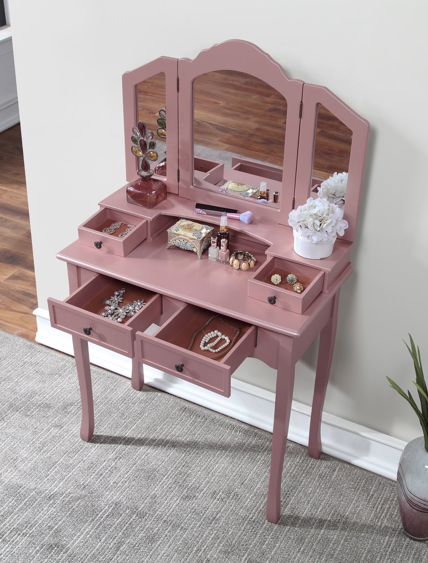 Wooden Vanity Make Up Table and Stool Set, Dresser with Mirror Stool Storage Box,Rose Gold