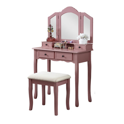 Wooden Vanity Make Up Table and Stool Set, Dresser with Mirror Stool Storage Box,Rose Gold