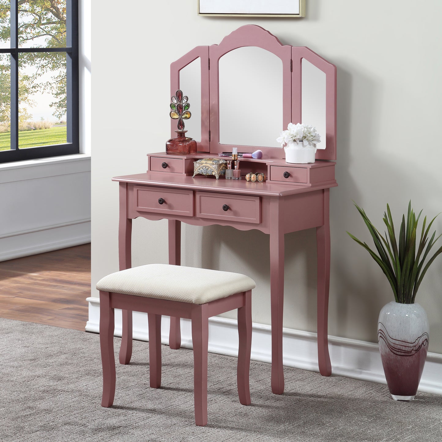 Wooden Vanity Make Up Table and Stool Set, Dresser with Mirror Stool Storage Box,Rose Gold