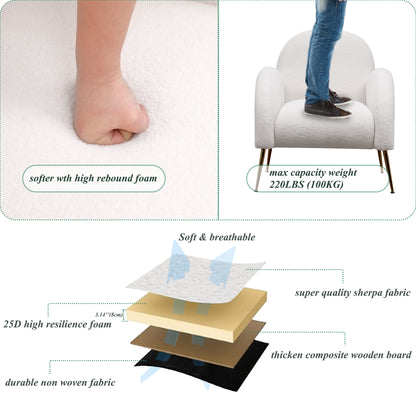 Sherpa Armchair with Gold Legs,Fluffy Upholstered Chair with High Back,Modern Boucle Accent Reading Side Chairs,Cozy Armchair for Living Room,Bedrooms,Dorm,Reading Corner