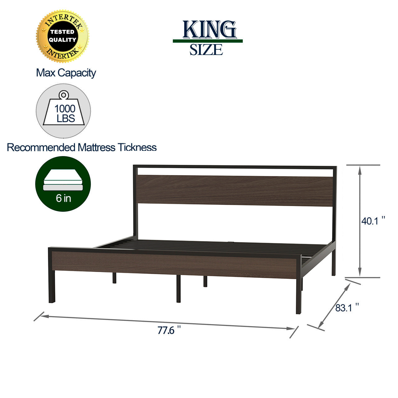 Metal Bed with Walnut Wood Headboard and Footboard,Full Bed Frame with Under Bed Storage,No Box Spring Needed,Easy Assembly,77.6in Wide