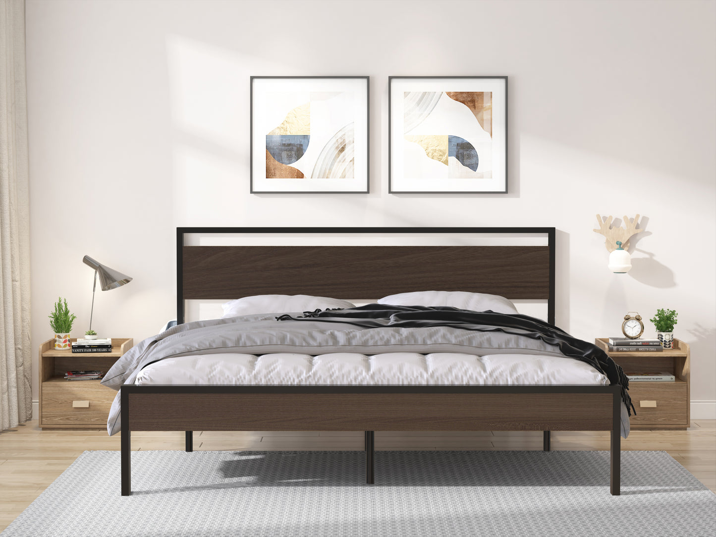 Metal Bed with Walnut Wood Headboard and Footboard,Full Bed Frame with Under Bed Storage,No Box Spring Needed,Easy Assembly,77.6in Wide