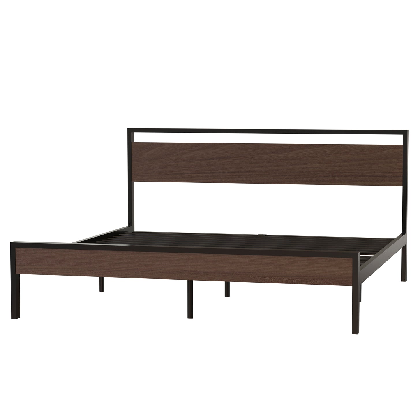 Metal Bed with Walnut Wood Headboard and Footboard,Full Bed Frame with Under Bed Storage,No Box Spring Needed,Easy Assembly,77.6in Wide