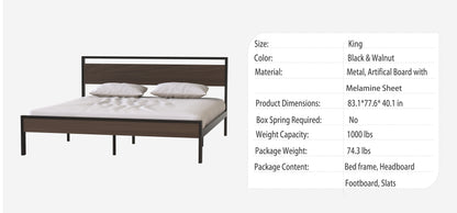Metal Bed with Walnut Wood Headboard and Footboard,Full Bed Frame with Under Bed Storage,No Box Spring Needed,Easy Assembly,77.6in Wide