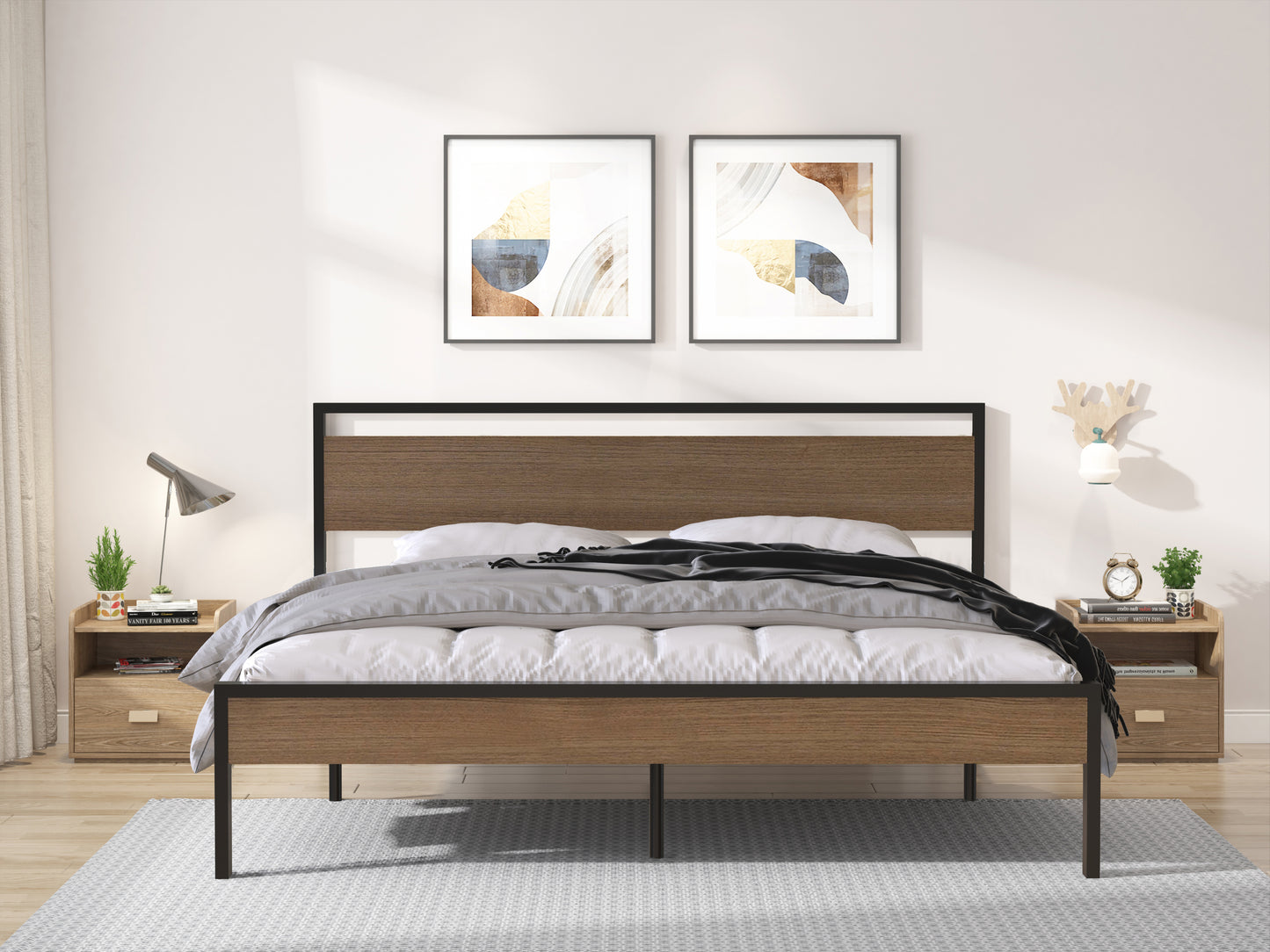 Metal Bed with Walnut Wood Headboard and Footboard,Full Bed Frame with Under Bed Storage,No Box Spring Needed,Easy Assembly,77.6in Wide
