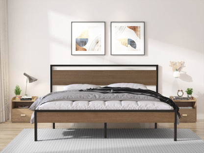 Metal Bed with Walnut Wood Headboard and Footboard,Full Bed Frame with Under Bed Storage,No Box Spring Needed,Easy Assembly,77.6in Wide