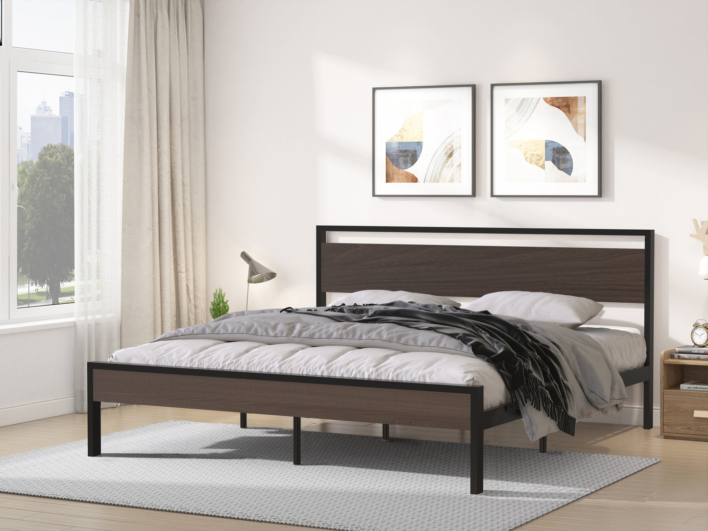 Metal Bed with Walnut Wood Headboard and Footboard,Full Bed Frame with Under Bed Storage,No Box Spring Needed,Easy Assembly,77.6in Wide