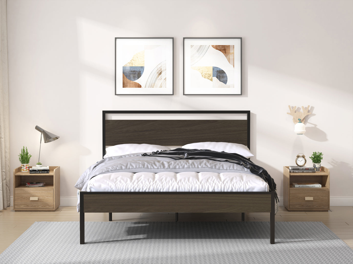 Metal Bed with Walnut Wood Headboard and Footboard,Full Bed Frame with Under Bed Storage,No Box Spring Needed,Easy Assembly,61.6in Wide