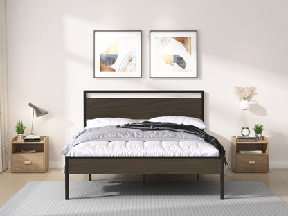 Metal Bed with Walnut Wood Headboard and Footboard,Full Bed Frame with Under Bed Storage,No Box Spring Needed,Easy Assembly,61.6in Wide