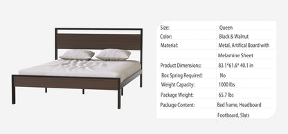 Metal Bed with Walnut Wood Headboard and Footboard,Full Bed Frame with Under Bed Storage,No Box Spring Needed,Easy Assembly,61.6in Wide