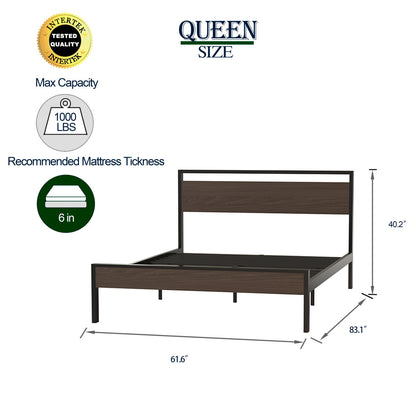 Metal Bed with Walnut Wood Headboard and Footboard,Full Bed Frame with Under Bed Storage,No Box Spring Needed,Easy Assembly,61.6in Wide