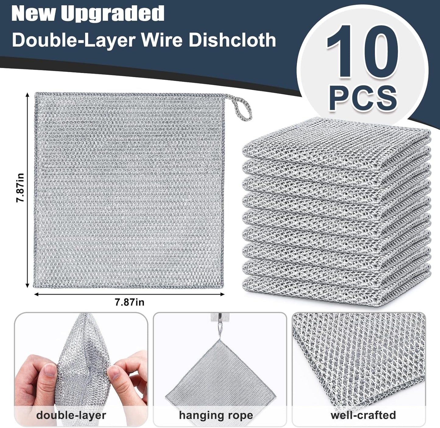 10 Pcs New Upgrade Steel Wire Dishcloth,Double-Layer Steel Wire Cleaning Cloth,Powerful Cleaning Non-Scratch Wire Dishcloth Rag for Cookware, Sinks, Dishes, Stove Tops