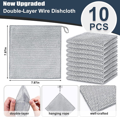 10 Pcs New Upgrade Steel Wire Dishcloth,Double-Layer Steel Wire Cleaning Cloth,Powerful Cleaning Non-Scratch Wire Dishcloth Rag for Cookware, Sinks, Dishes, Stove Tops