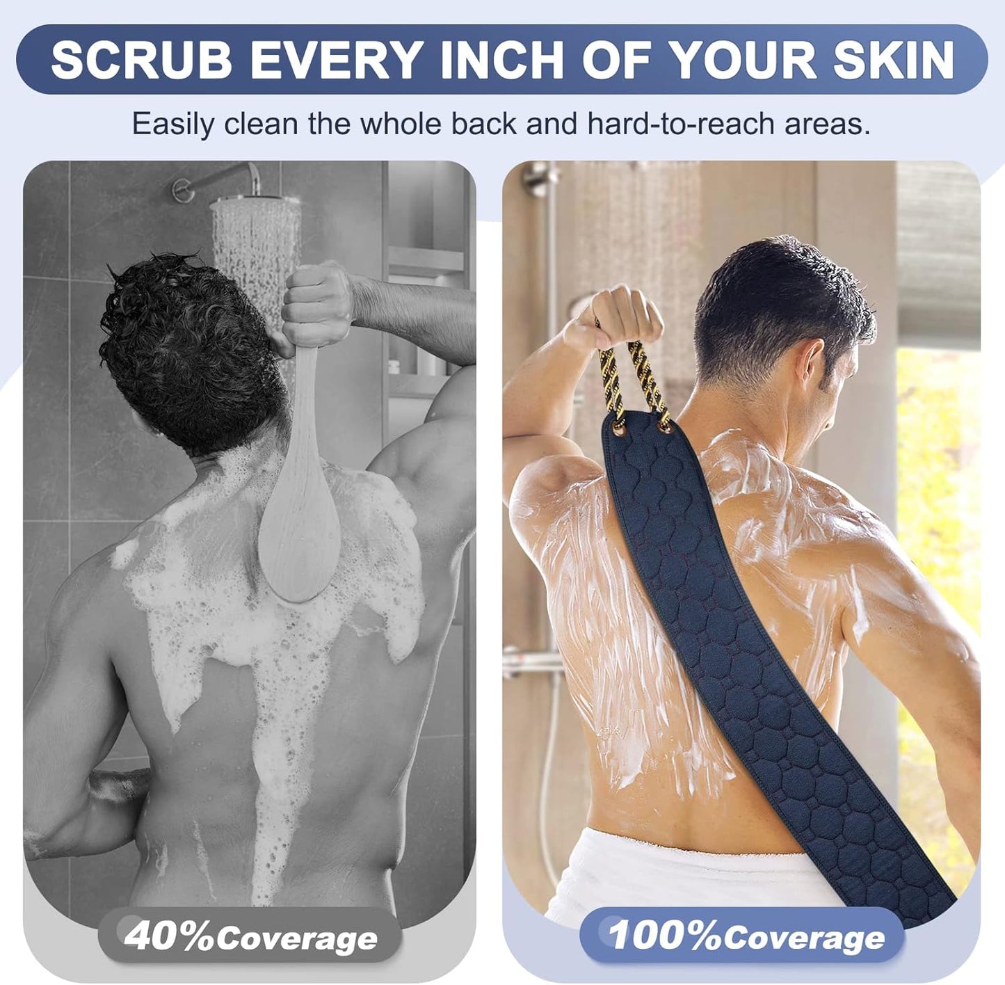 Exfoliating Back Scrubber with Handles, 38.5 Inch Double-Sided Back Exfoliator Body Scrub Towel, Exfoliating Washcloth Bath Tool for Use in Shower, Back Washer to Deep Clean Your Skin for Men & Women