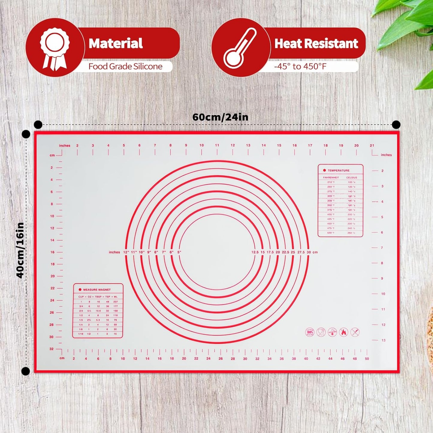 Silicone Baking Mat, 16" x 24" - Non-Slip Pastry Mat for Rolling Dough, Pie Crust & Fondant, Oven Liner with Measurement
