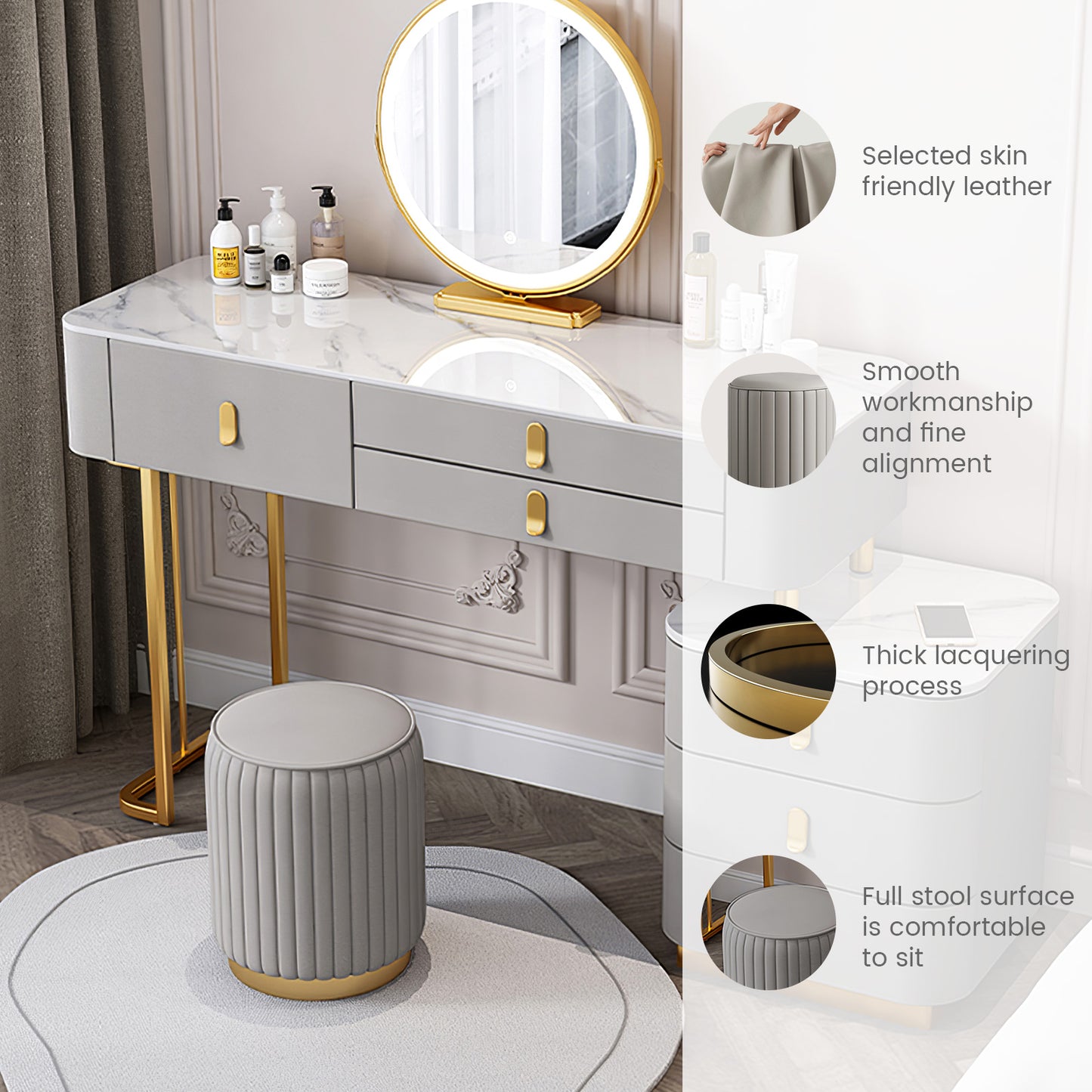 Makeup Vanity Chair,Petal Vanity Chair Leisure Accent Chair with Golden Metal Legs, Vanity Chair for Bedroom Dresser(Grey Round Stool)