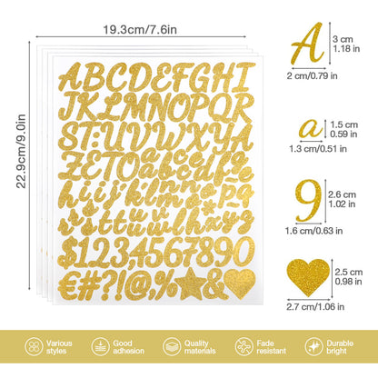 4 Sheets Gold Glitter Letter Stickers 1 Inch, Gold Alphabet Letter and Number Vinyl Stickers Waterproof, Golden Glitter Stickers Self-Adhesive Water Bottles Scrapbooking Mailbox Poster Sign Grad Cap