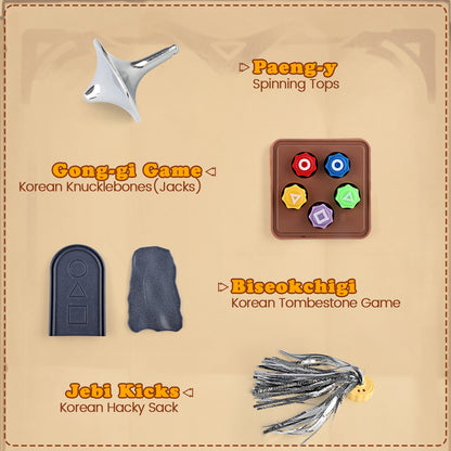 Korean Folk Game Set,Korean Traditional Play Game, Gong-gi, Biseokchigi, Jebi chagi, Paeng-y, DDAKJI Game Set, Family Travel Game (1 Set)