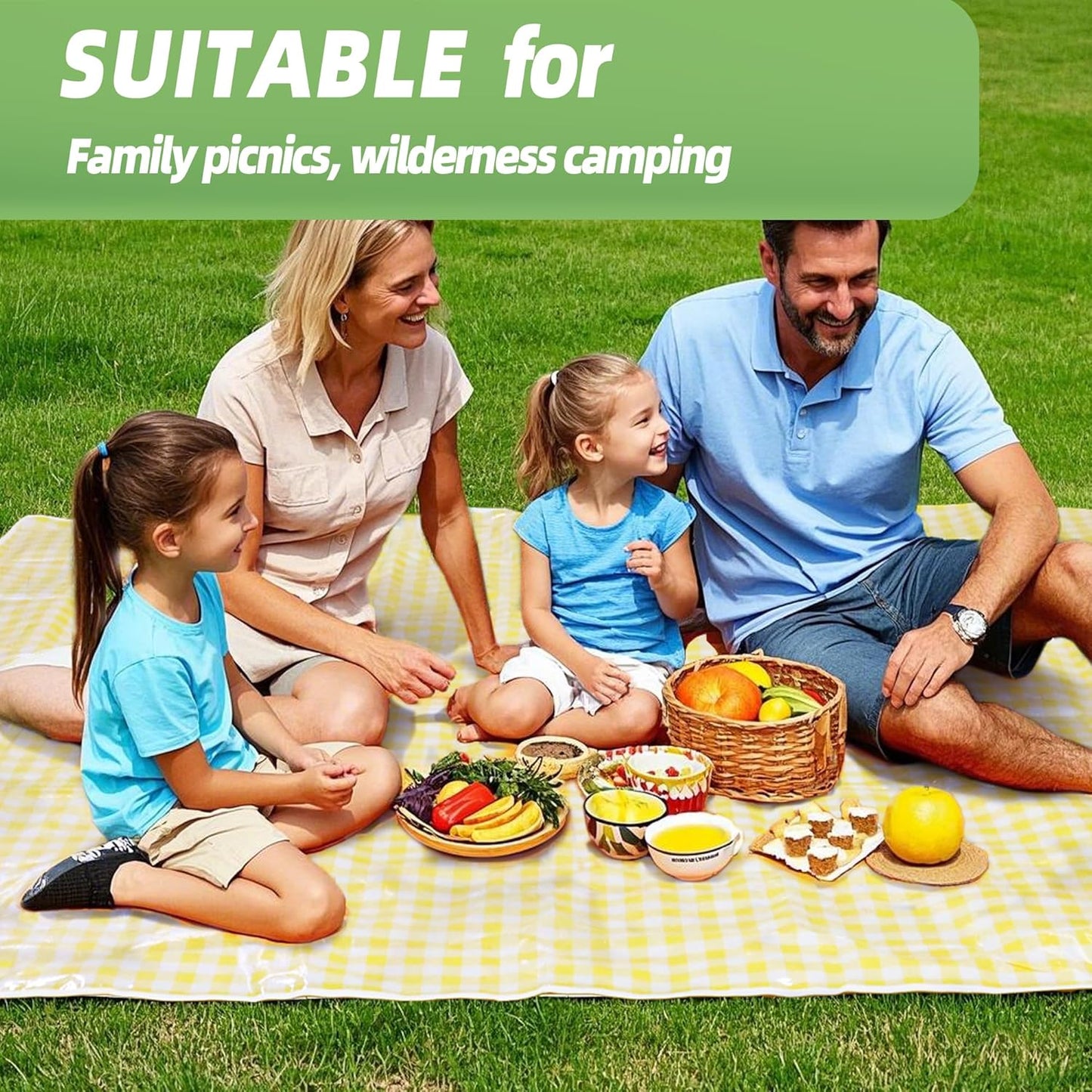Picnic Blanket, 79*59 inches, Waterproof Foldable, Gingham Pattern (Yellow)