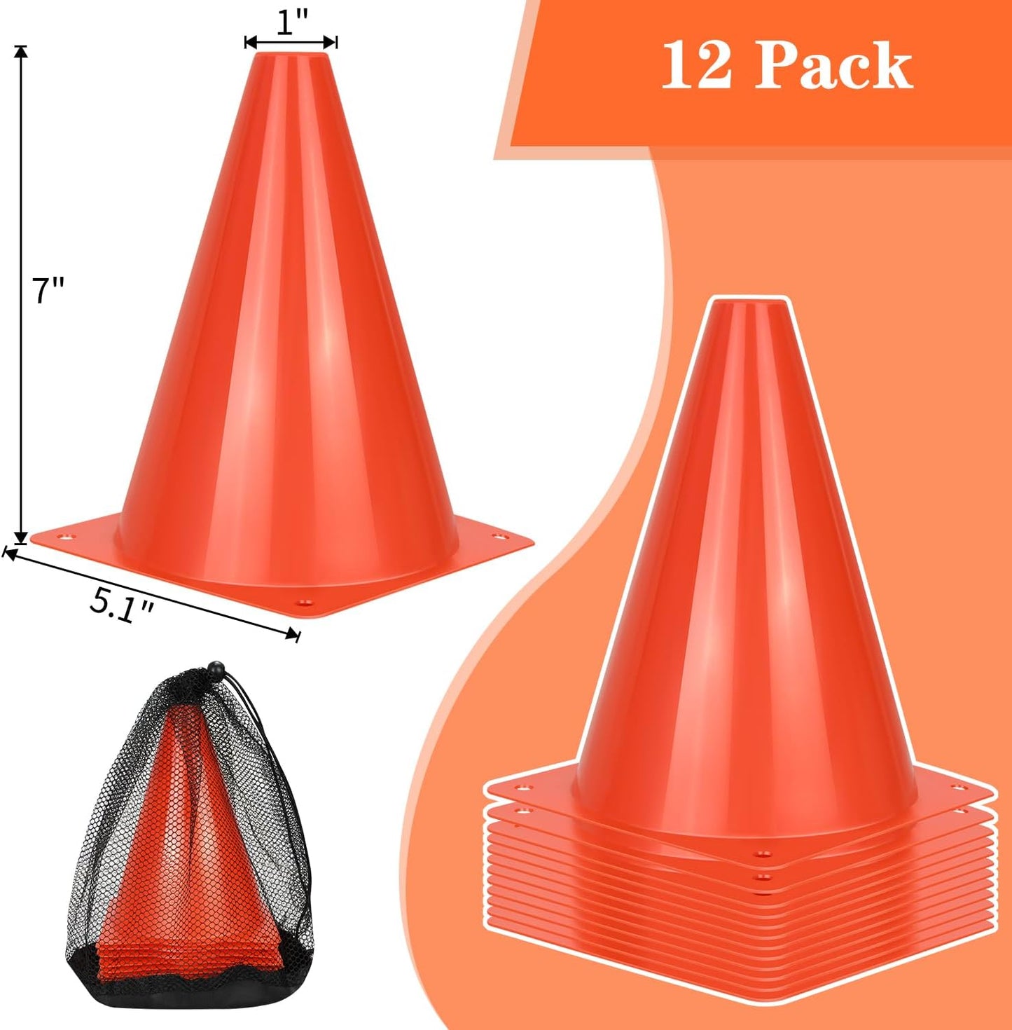 12pcs Soccer Cones, 7" Soccer Cones, Plastic Traffic Cones, Training Cones for Basketball Football Skating Drills Practice