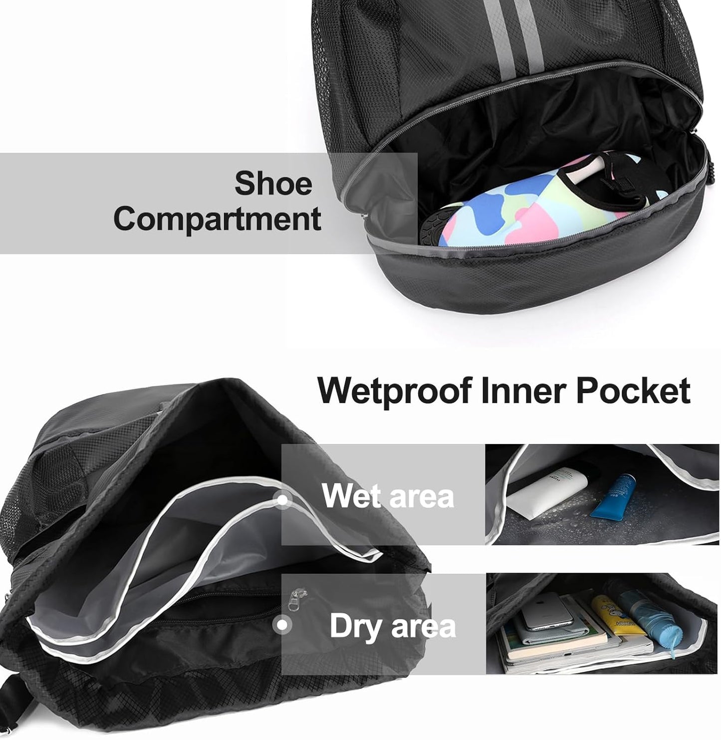 Sports Drawstring Backpack - String Swim Gym Bag with Shoes Compartment and Wet Proof Pocket for Women&Men