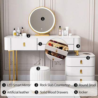 Classic curved upholstered cream-themed makeup vanity with a round stool set