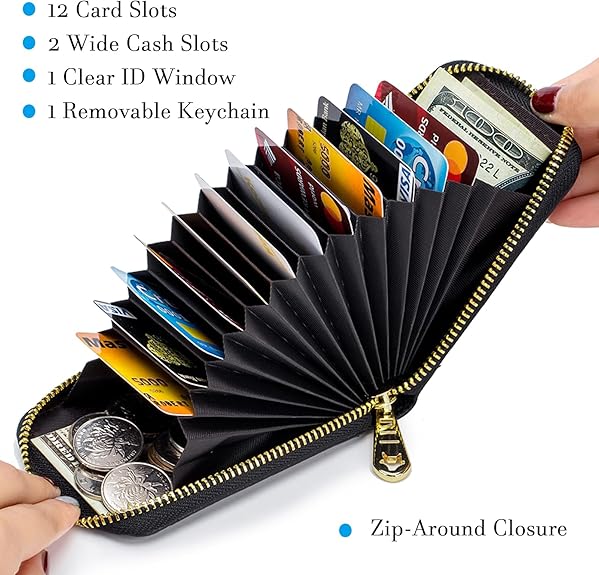 Blocking Card Holder Genuine Leather Credit Card Case Organizer Compact Wallet Zip Around Accordion Style