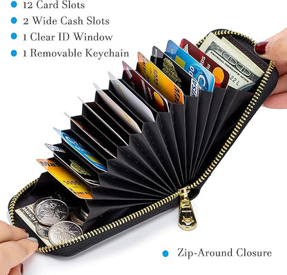 Blocking Card Holder Genuine Leather Credit Card Case Organizer Compact Wallet Zip Around Accordion Style