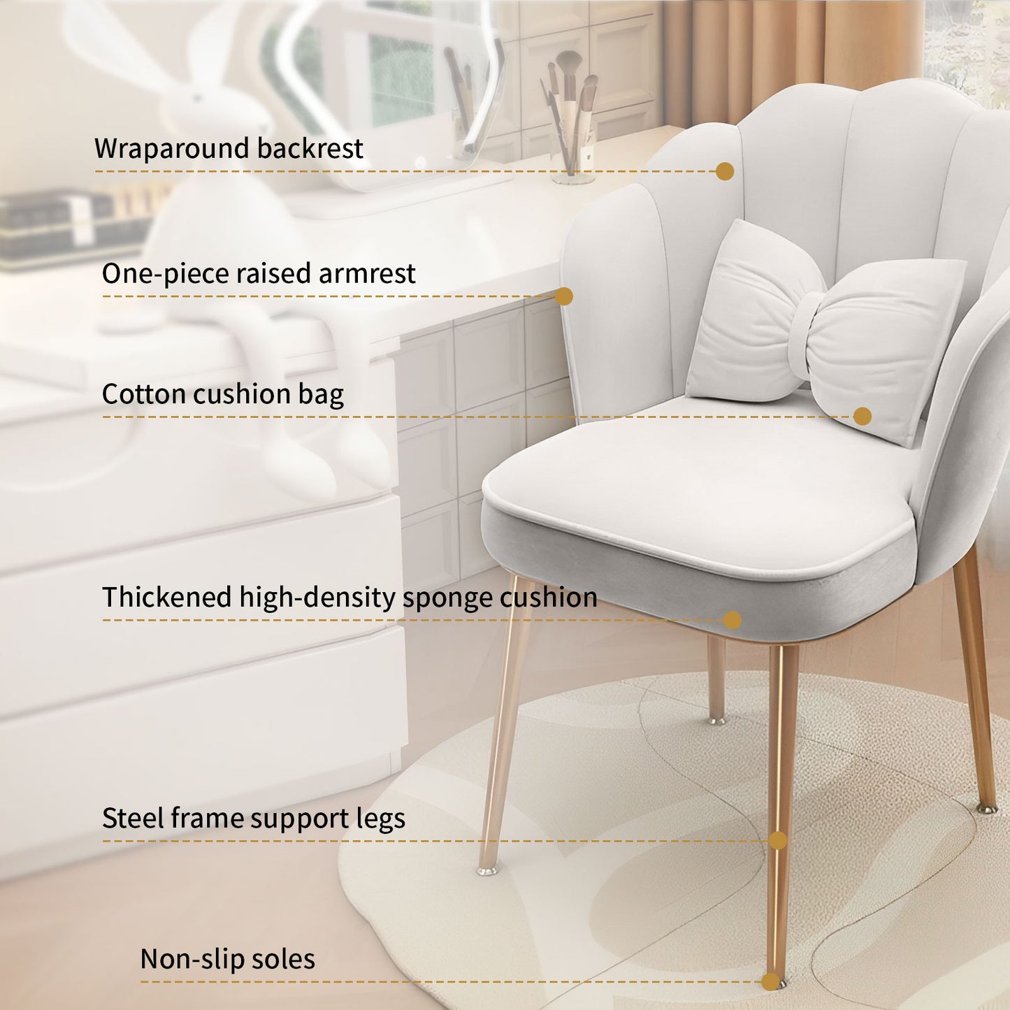 Petal Vanity Chair for Makeup Room - Vanity Chair with Metal Legs, Makeup Chair for Bedroom (White)